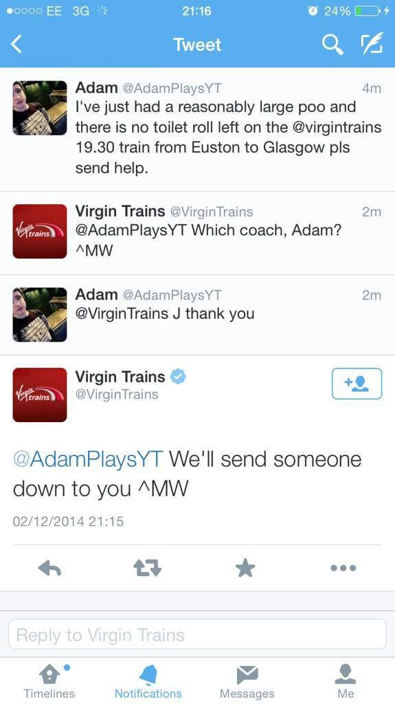 Screen from conversation on twitter between Virgin Trains and their client, where Virgin trains offered him help when he run out of toilet paper. 